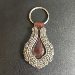 BRIGHTON Brown Leather Keychain Fob Silver Tone Embossed